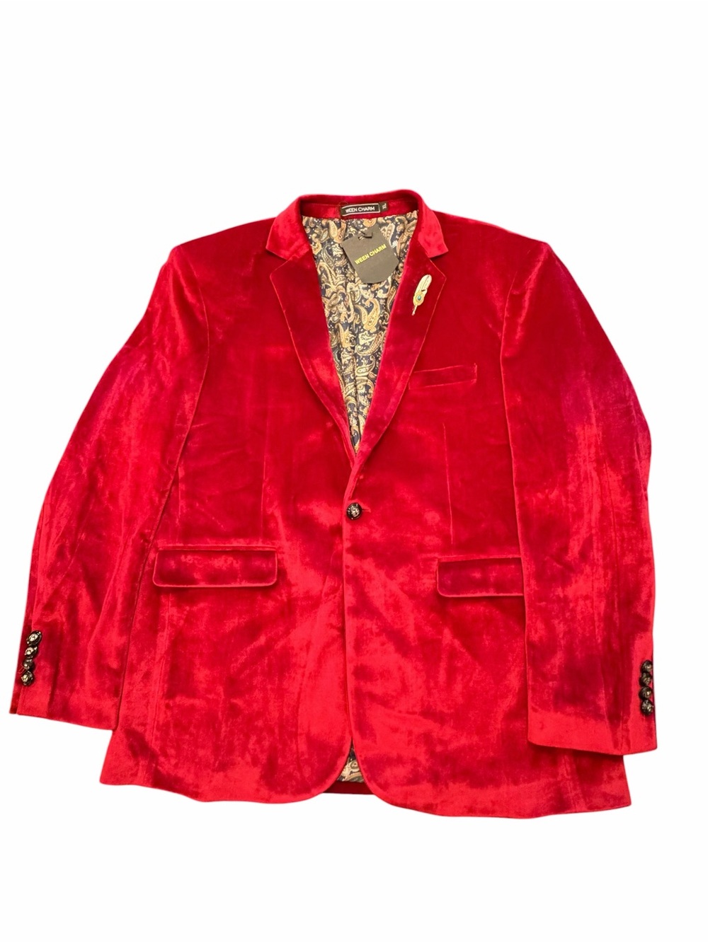 WEEN CHARM Mens Red Velvet Blazer Paisley Lining Prom Smoking Jacket XL New
